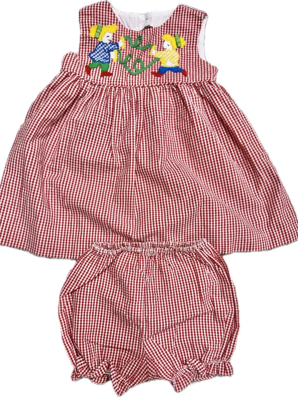 VINTAGE COPPER KEY Gingham Toddler Girl Embroidered Dress + Bloomers Set